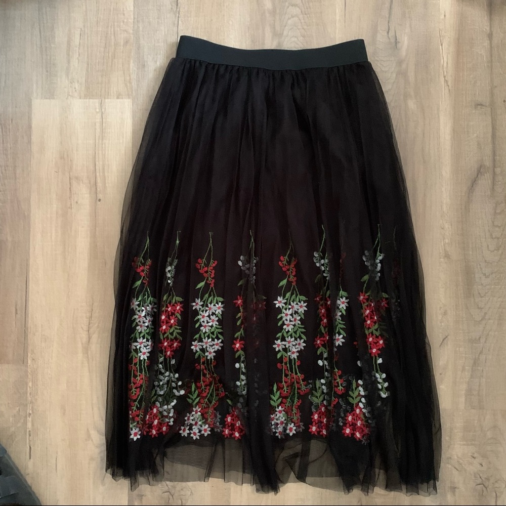 Floral Black Tulle Midi Skirt Size Medium / Large